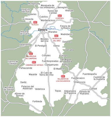 Mapa de la extensión de la Denominación Tierra del Vino de Zamora