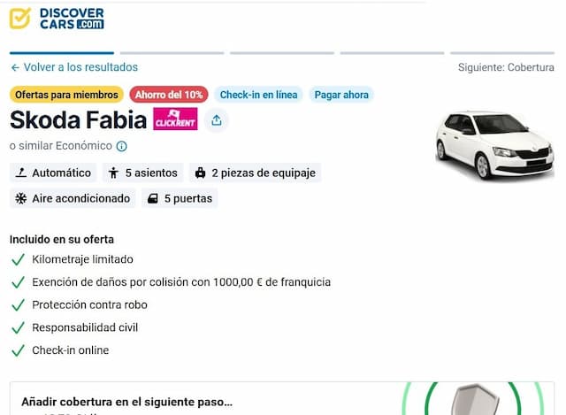 Detalle de la oferta del vehículo elegido - Destino Castilla y León