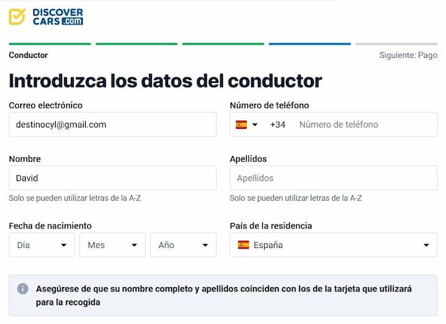 Introduce los datos del conductor - Destino Castilla y León